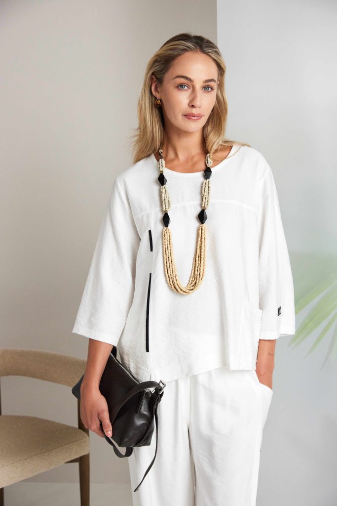 Naya - Simplicity Ecru Round Neck Top with Piping Trim NAS26138