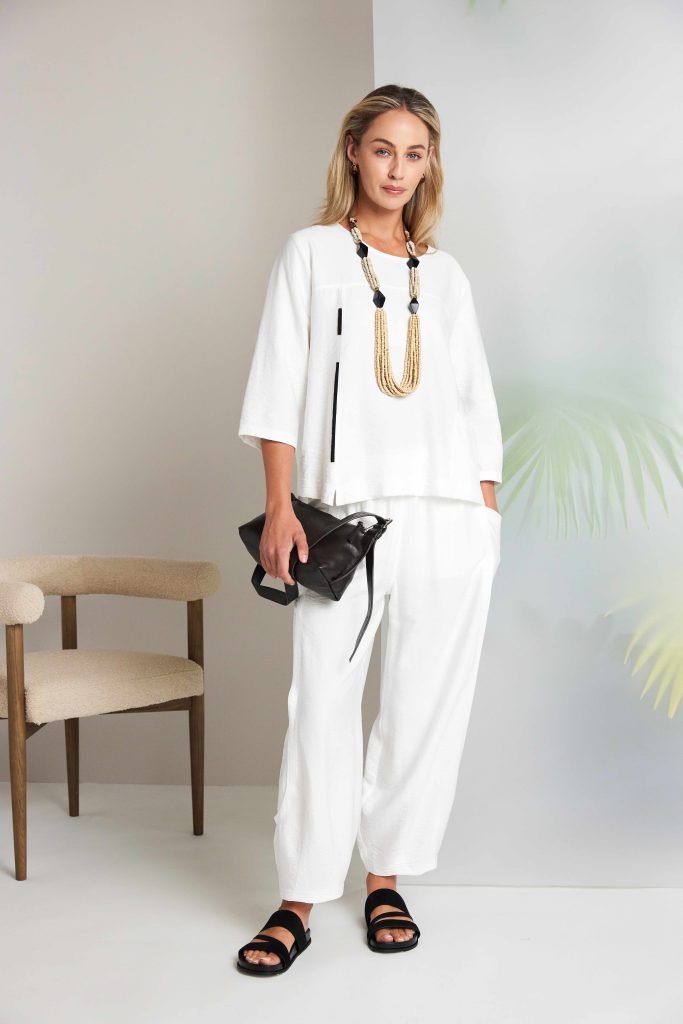 Naya - Simplicity Ecru Round Neck Top with Piping Trim NAS26138