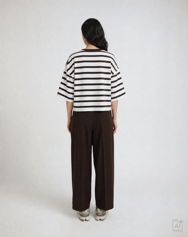 Smith- &- Soul -Women's- Boxy- Cropped -T-Shirt- Monagram -Striped-S0826-0819-S -Choc-Off -White