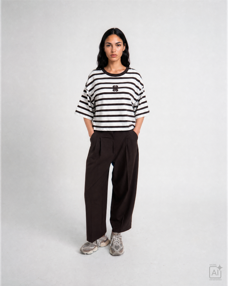 Smith- &- Soul -Women's- Boxy- Cropped -T-Shirt- Monagram -Striped-S0826-0819-S -Choc-Off -White