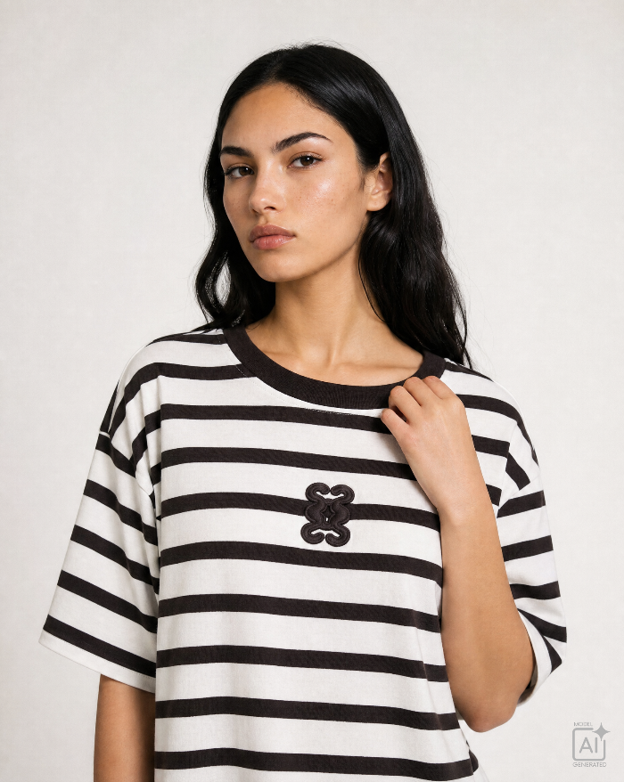 Smith- &- Soul -Women's- Boxy- Cropped -T-Shirt- Monagram -Striped-S0826-0819-S -Choc-Off -White