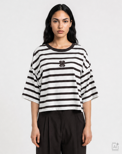 Smith- &- Soul -Women's- Boxy- Cropped -T-Shirt- Monagram -Striped-S0826-0819-S -Choc-Off -White