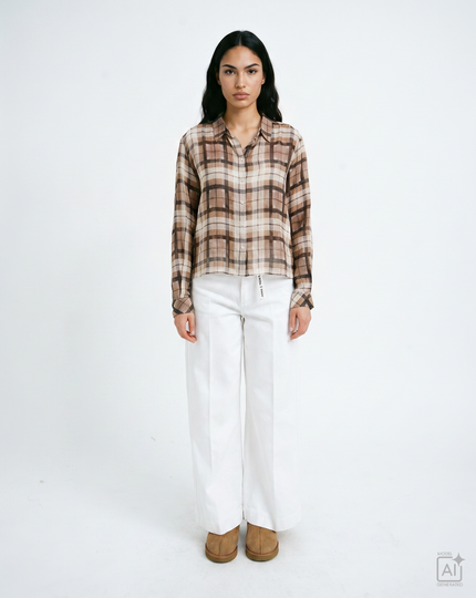 Smith- &- Soul -Women's- Soft -Checked -Cropped -Blouse -0826-0305-CH - 1103 -sand -print-