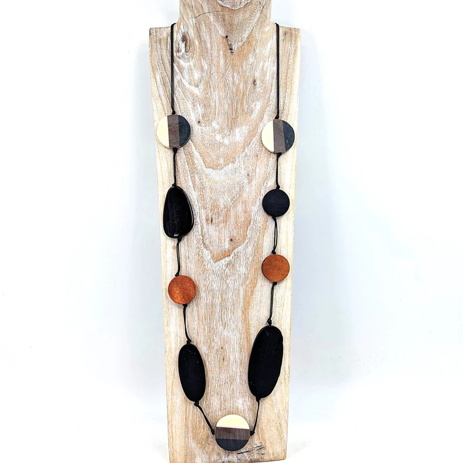 Oval Wood Beads + Resin Mix Long Necklace