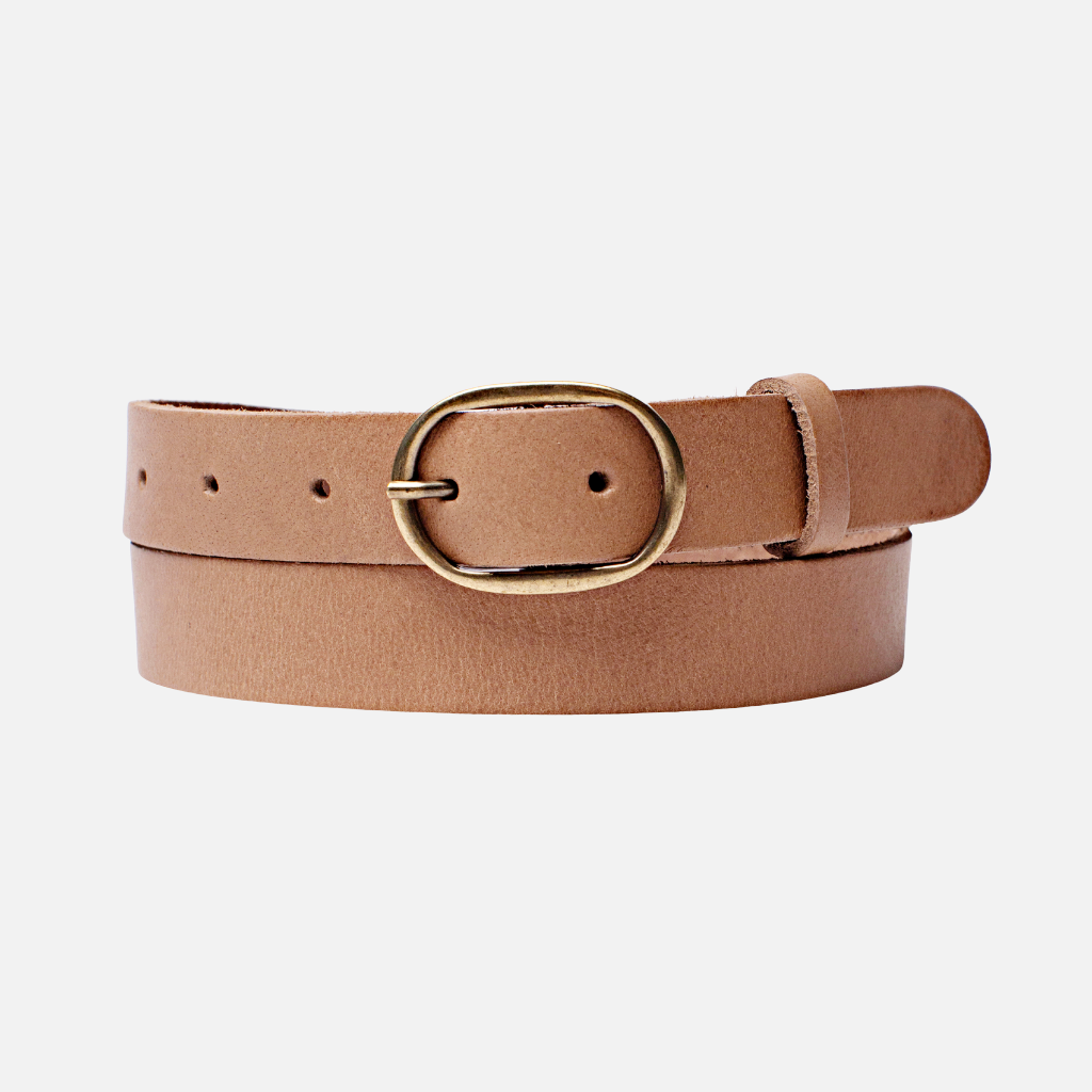 Yade Womens Leather Waist Belt in Sand with Gold Oval Buckle