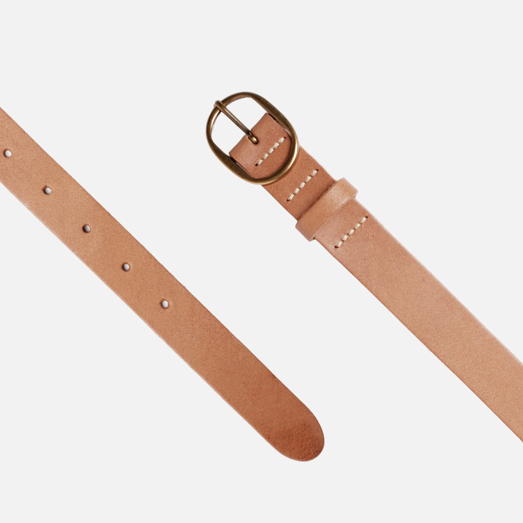 Yade Womens Leather Waist Belt in Sand with Gold Oval Buckle