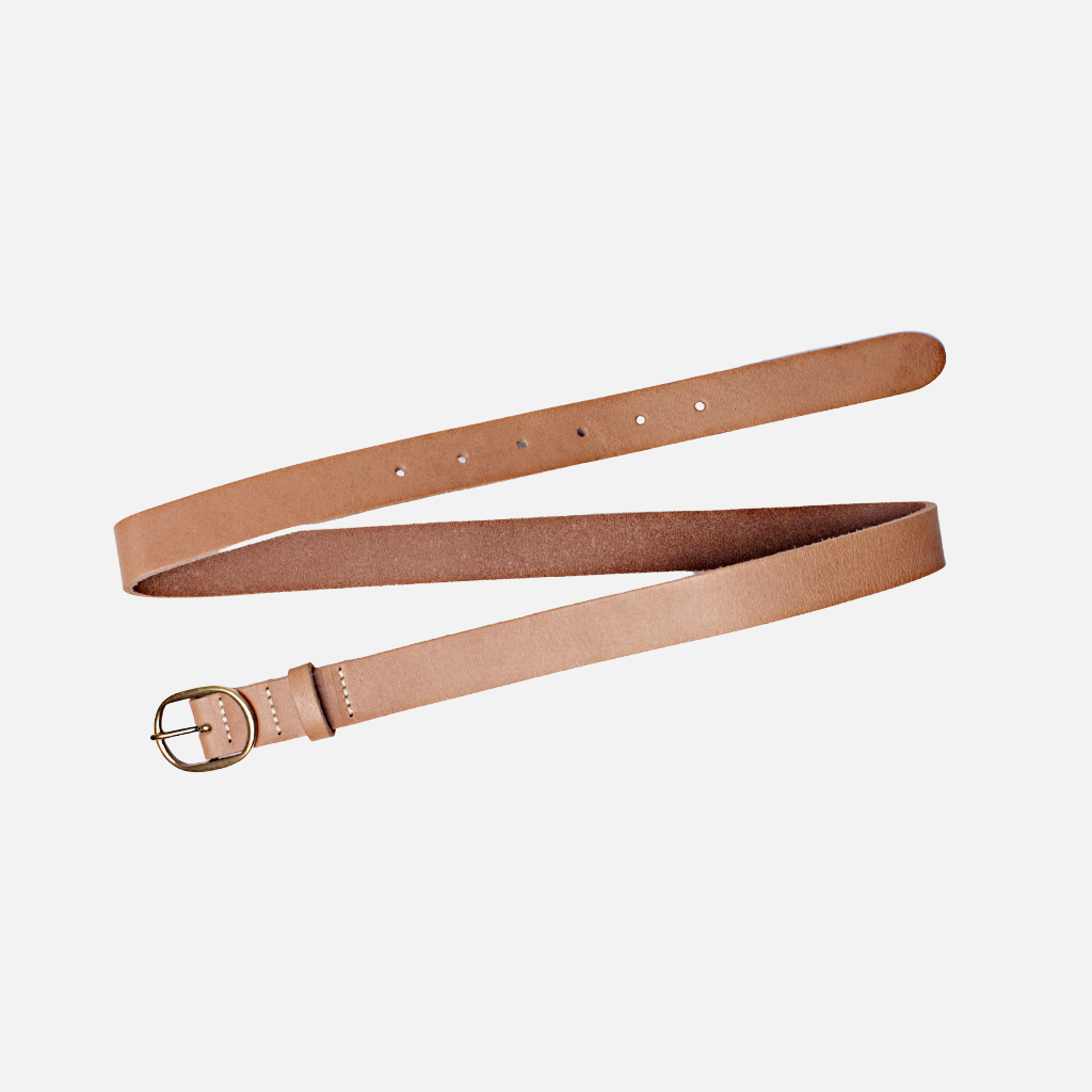 Yade Womens Leather Waist Belt in Sand with Gold Oval Buckle
