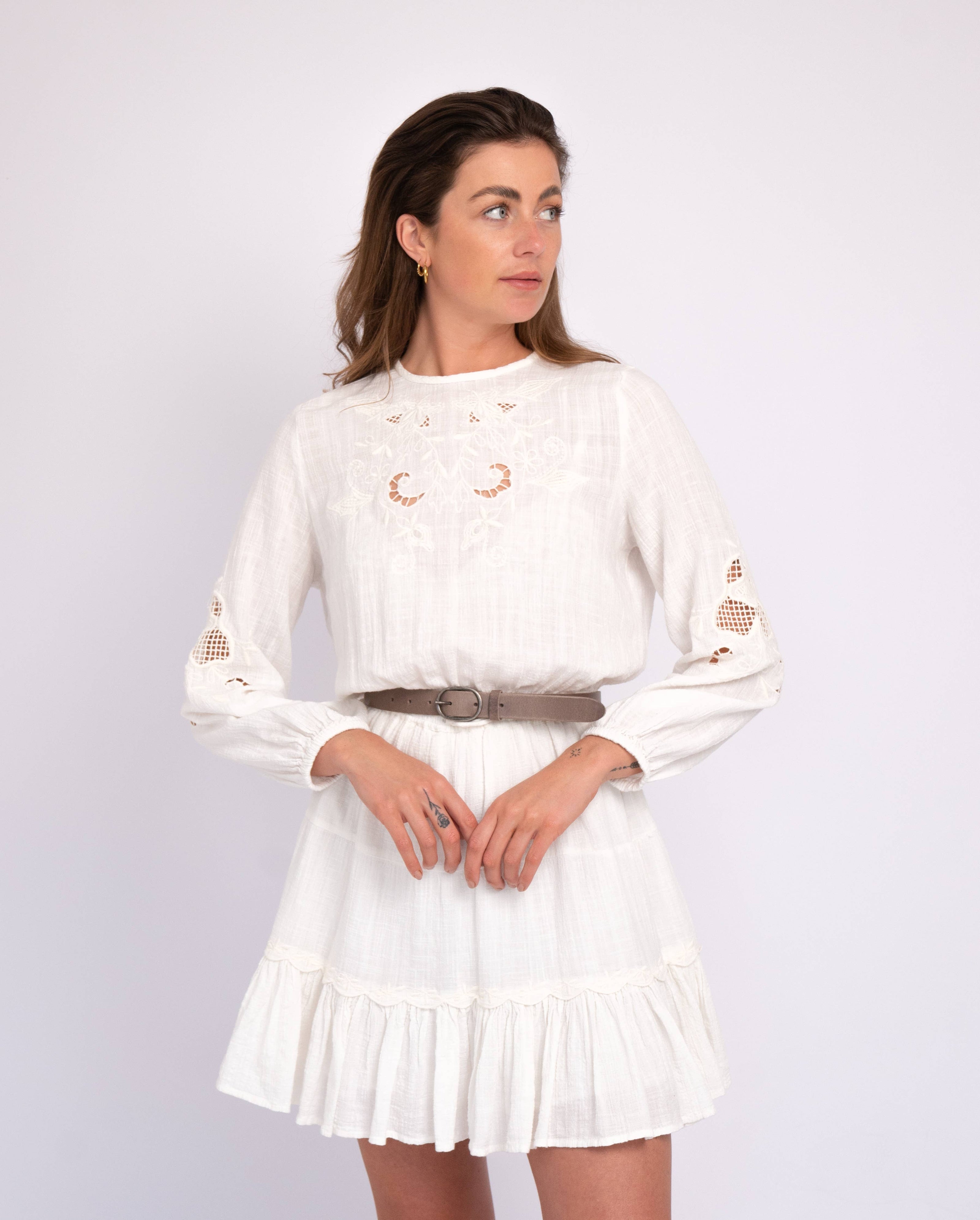 Yade Womens Leather Waist Belt in Taupe with Gold Oval Buckle