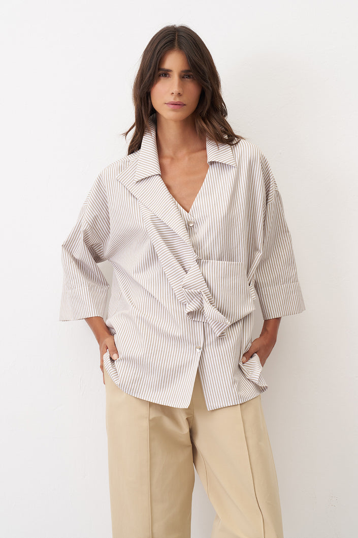 bize-womens-pin-stripe-v-neck-shirt-with-draping-details-bz312-beige