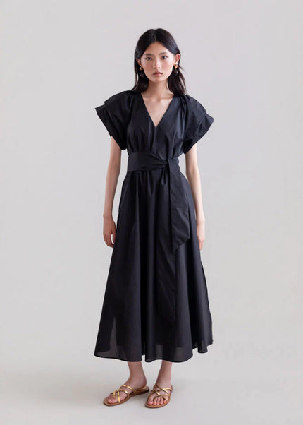 psophia-ss26-Women_s-Cotton-Poplin-V-Neck-Dress-Black-208DRS2625-kings-road-fashions