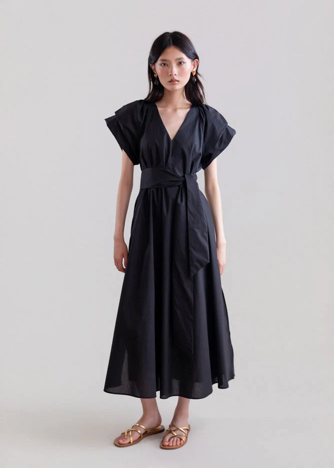 psophia-ss26-Women_s-Cotton-Poplin-V-Neck-Dress-Black-208DRS2625-kings-road-fashions