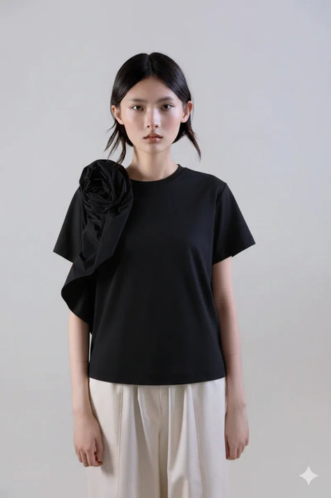 psophia-ss26-womens-sculptural-rosette-mercerized-cotton-wide-tshirt-front