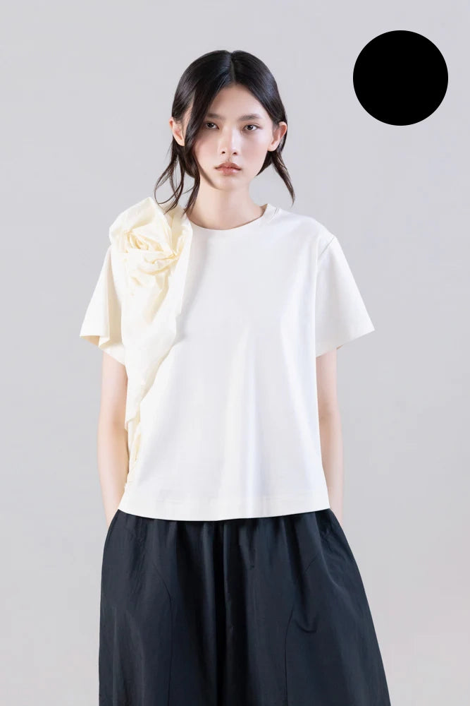 psophia-ss26-womens-sculptural-rosette-mercerized-cotton-wide-tshirt-front