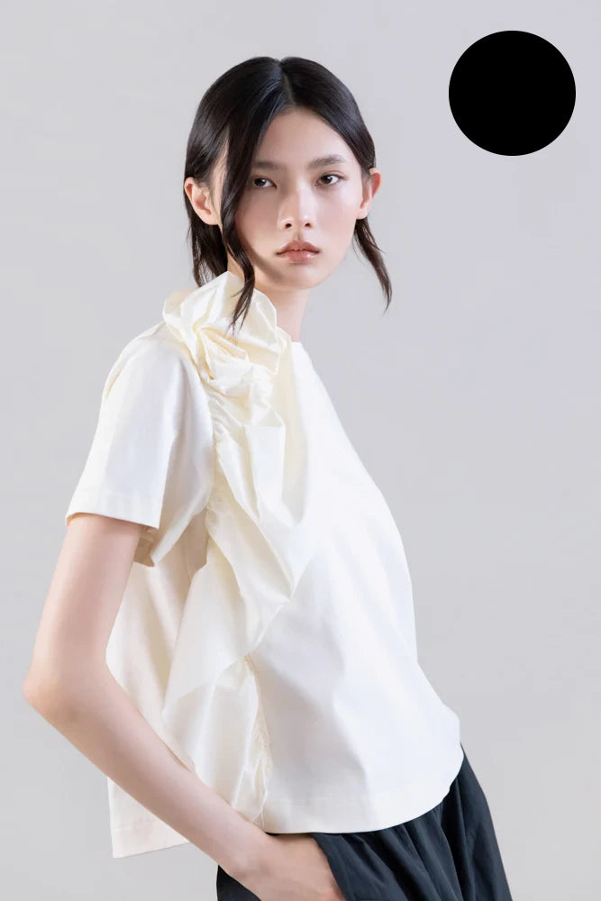 psophia-ss26-womens-sculptural-rosette-mercerized-cotton-wide-tshirt-front
